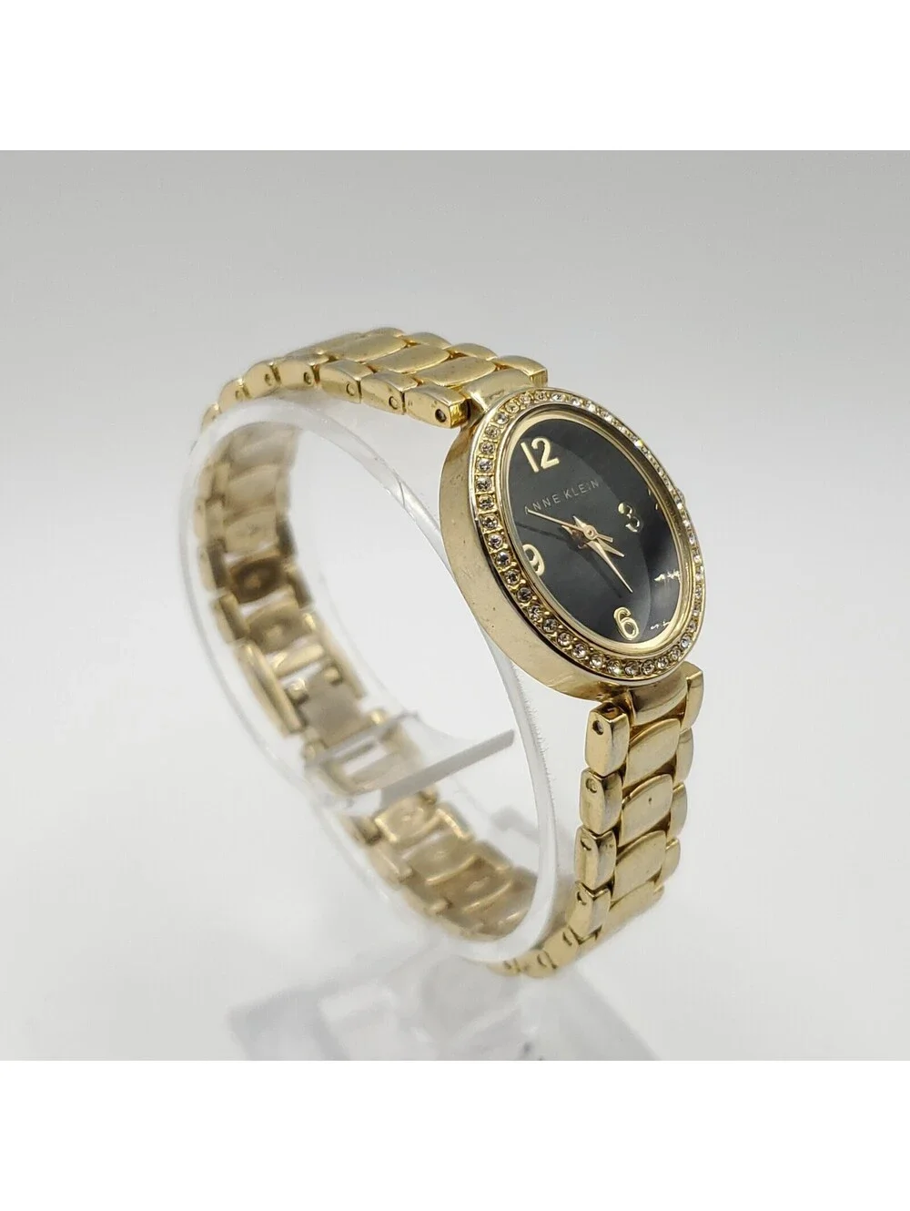 Anne Klein Oval Rhinestone Bezel Black Dial Womens Watch 19mm New Battery
